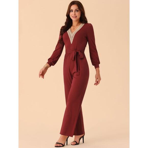 V Neck Jumpsuit Belted Stretchy Wide Leg Long Pant Romper  Wine Red - Picture 2 of 5